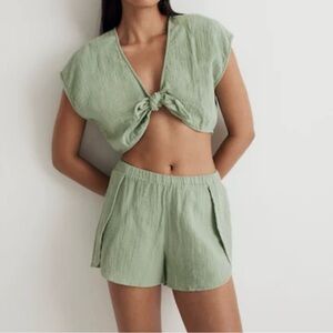 Madewell Sage Green Gauze Front Tie Crop Top and matching flowy shorts